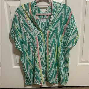 Adrienne Green Ikat-Print V-Neck Blouse with Pink and Yellow Accents